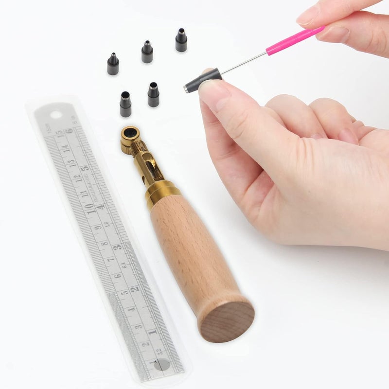 Boyistar Adjustable Japanese Screw Punch, 6 Tip Sizes Belt Hole Puncher for Leather, Wood Handle Leather Hole Punch Tool with Clear Box for Sewing Leather - Image 3